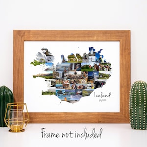 Collage de fotos personalizado con el mapa de Islandia: regalo de recuerdo de vacaciones, arte de pared, ¡hecho a medida con tus imágenes digitales!