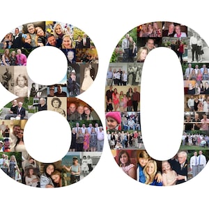 vibrant photo collage shaped as the number "80" to celebrate a special 80th birthday. The collage is filled with various memorable moments featuring friends, family, travels, and special occasions.
