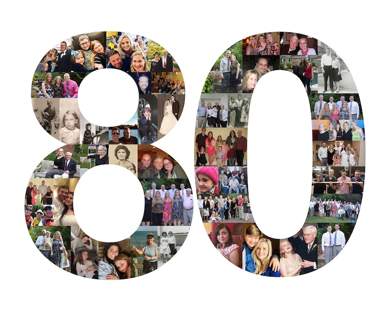 vibrant photo collage shaped as the number "80" to celebrate a special 80th birthday. The collage is filled with various memorable moments featuring friends, family, travels, and special occasions.