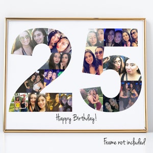 Regalo de cumpleaños número 25 personalizado, decoración para fiesta del 25, regalo de aniversario número 25, collage de fotos con números hecho a medida con tus imágenes.