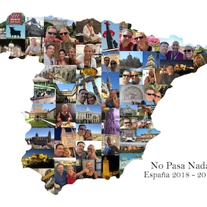Custom Spain-shaped photo collage with the phrase “No Pasa Nada” and “España 2018–2019” on a white background. The collage creatively outlines the country of Spain using a mix of personal photos, making it a meaningful travel keepsake or decorative print.