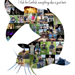 Customizable cat fish-shaped photo collage made with the customers own photos, designed by the seller. The collage features a collection of images, arranged in the shape of a catfish, with customizable text at the top.