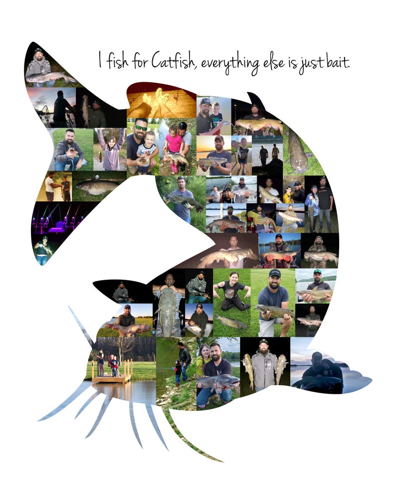 Customizable cat fish-shaped photo collage made with the customers own photos, designed by the seller. The collage features a collection of images, arranged in the shape of a catfish, with customizable text at the top.