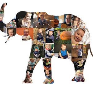 Customizable elephant shaped photo collage made with the customers own photos and designed by the seller. The collage features a collection of images, arranged in the shape of an elephant, with customizable text at the bottom.