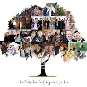 A family tree-shaped collage with photos of family members and pets, captioned "The Roots of our family began with your love."