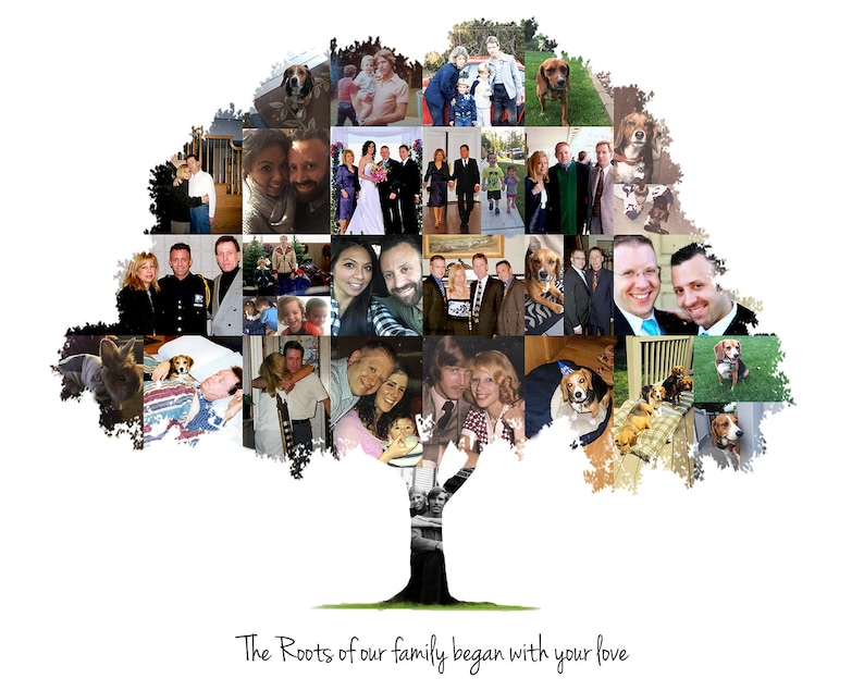 A family tree-shaped collage with photos of family members and pets, captioned "The Roots of our family began with your love."