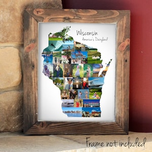 Collage de fotografías del mapa del estado de Wisconsin, regalo de recuerdo de viaje de vacaciones: ¡la obra de arte está hecha a medida con sus imágenes digitales!
