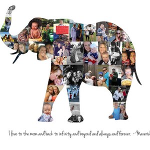 Customizable elephant shaped photo collage made with the customers own photos and designed by the seller. The collage features a collection of images, arranged in the shape of an elephant, with customizable text at the bottom.