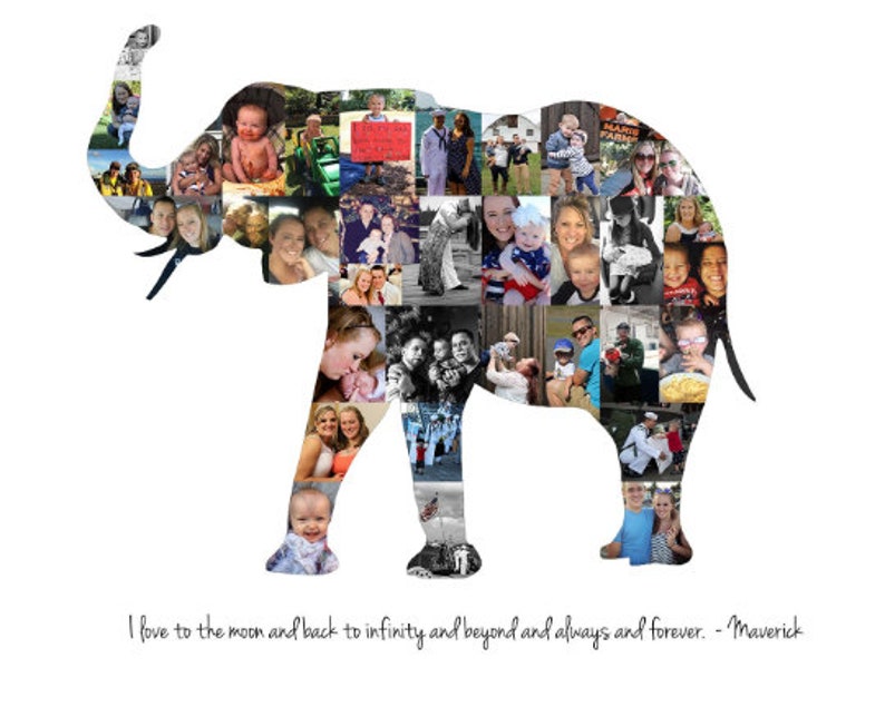 Customizable elephant shaped photo collage made with the customers own photos and designed by the seller. The collage features a collection of images, arranged in the shape of an elephant, with customizable text at the bottom.