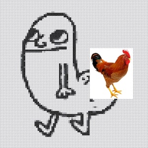 May include: A black and white line drawing of a stick figure with a rooster superimposed on the figure's right side.