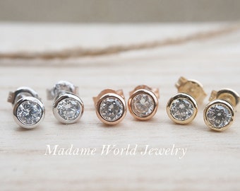 Delicate Solitaire Clear CZ Stud Earrings, Bezel Setting, Brilliant Cut