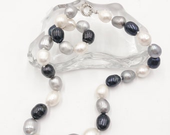Sterling Silver 10 mm Multi-Colored-White, Silver, Black-Baroque Strand Necklace | Unique Organic Handmade Pearls Jewelry