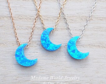 Reconstitute Blue Opal Crescent Moon Necklace, Opal Moon Necklace, Blue Opal Moon Necklace, Opal Jewelry, Blue Opal Jewelry