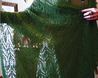 Gift-for-her mohair knit shawl Wool knit Scarf bridal shawl Gift-for-grandma Anniversary gift green shawl Lace Personalized Women's Scarves