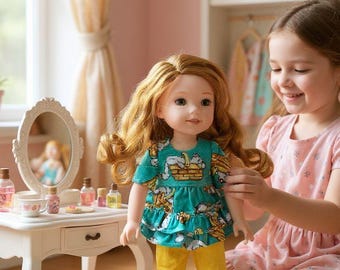 Green top and yellow leggings for 14.5" dolls like Wellie Wishers