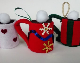 cup ornaments, hot chocolate ornament, felt ornament, Christmas ornament