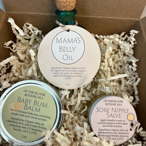Confezione regalo per neomamme e neonati - Set regalo per la gravidanza - Futura mamma - Regalo per neomamme - Olio per la pancia - Balsamo per capezzoli - Balsamo per sederino