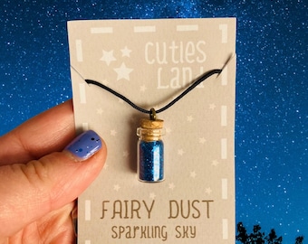 Collana con bottiglia di polvere di fata: ciondolo "Cielo scintillante" con glitter blu