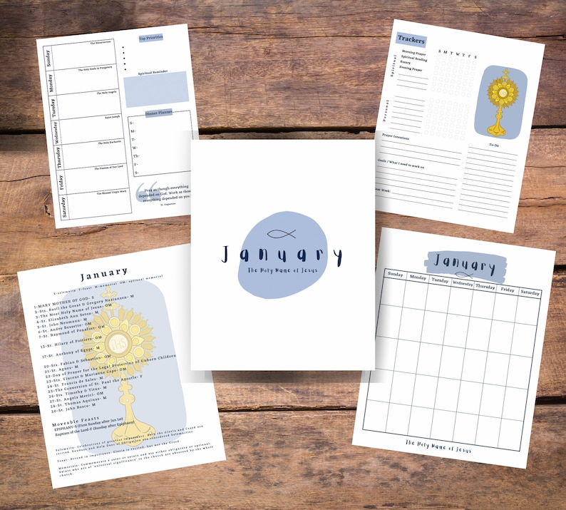 May include: A printable January calendar with a blue and white color scheme. The calendar features a religious theme with a depiction of the Holy Eucharist and the words "The Holy Name of Jesus".