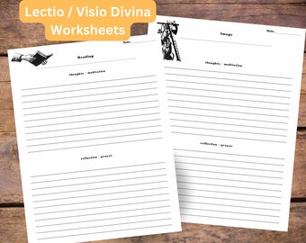 May include: Two printable worksheets for Lectio Divina, a method of prayerful reading of scripture. The first worksheet is for reading and includes space for thoughts and meditation, and reflection and prayer. The second worksheet is for image and includes space for thoughts and meditation, and reflection and prayer.