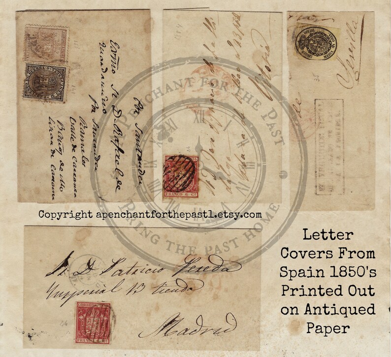 Junk Journal Printable Antique Ephemera 1850's Letter Covers/Stamps From Spain Digital Download image 3