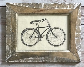 Beach House, Farmhouse Wall Decor Linen Bicycle Print in Weathered Distressed Frame