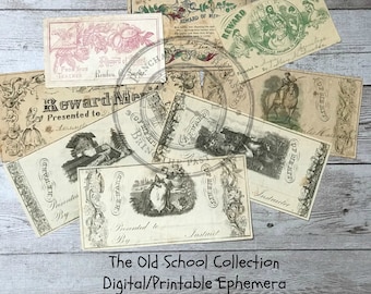 Antique Merit Awards and Report Cards Digital Download/Printable Ephemera ~ Ideal para revistas basura y proyectos de medios mixtos