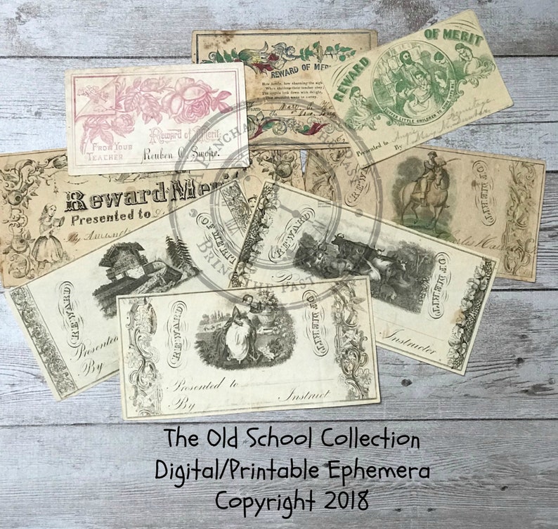 Antique Merit Awards and Report Cards Digital Download/Printable Ephemera Great for Junk Journals & Mixed Media Projects image 1