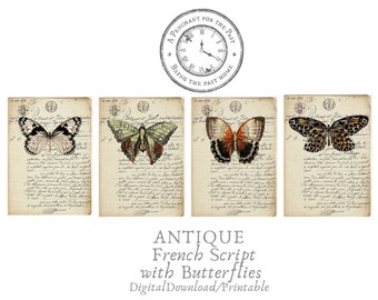 Antique French Script With Butterflies - Junk Journal Printable Digital Download