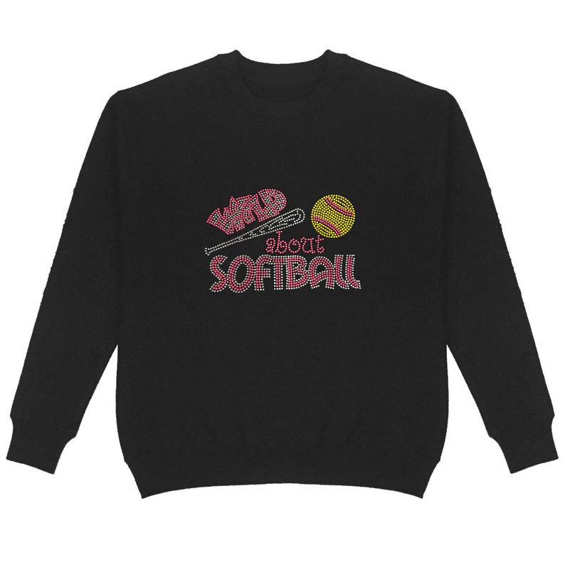 Unisex 646 softball Sports Handmade Plus Size Wild about Softball Rhinestone Crew Neck Sweatshirt Bling Bling
