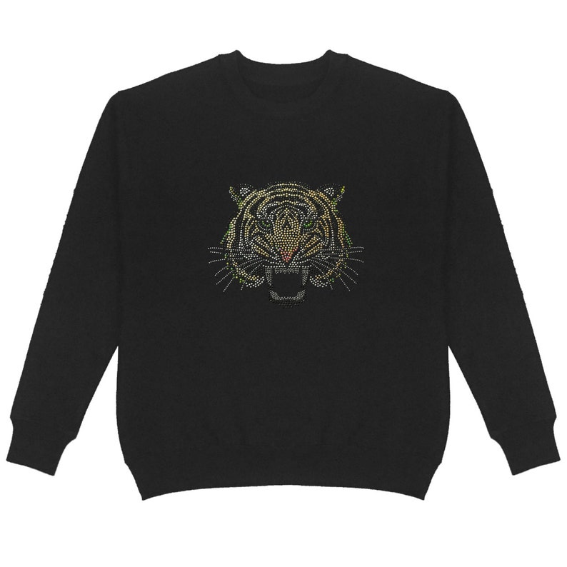 694 topaz Plus Size Cute Animal Handmade Bling Bling Topaz Tiger Stones Crew Neck Sweatshirt Unisex