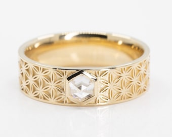 Flower of Life Wedding Ring with Hexagon Lab Diamond, Comfort Fit Band, Gold Flower of Life Wedding Ring, Seed of Life Ring, Zen Ring