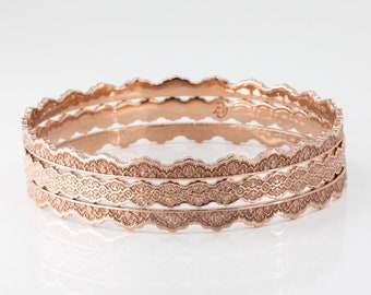 Stacking Lace Bangle Bracelets, Solid Gold Bangle Bracelets, Lace Gold Bracelets, Stacking Bangles, Unique Bangle Bracelets, Unique Jewelry