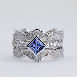 Princess Sapphire Engagement Ring, Gold Bridal Ring Set, Unique Bridal Set, Double Band Engagement Ring,Sapphire and Diamond Engagement Ring image 2