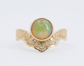 Opal Engagement Ring, Unique Engagement Ring, Yellow Gold Engagement Ring, Gold Opal Ring, Gold Lace Ring with Opal, October Birthstone Ring