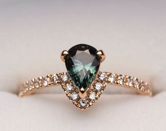 Sapphire Engagement Ring, Unique Engagement Ring, Green Sapphire Ring, Pear Sapphire Ring, Pear Cut Sapphire Ring, Pear Shaped Sapphire,Ring