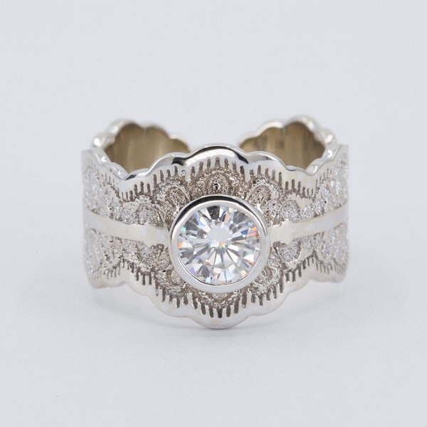 1 Carat Moissanite Engagement Ring: Gold Lace Wedding Band