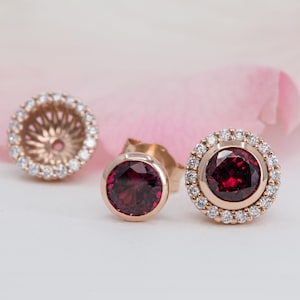 Garnet Earrings, Garnet Studs, Diamond Halo Earring Jackets, Garnet and Diamond Earrings, Gold Garnet Stud Earrings, Diamond Halo Earrings