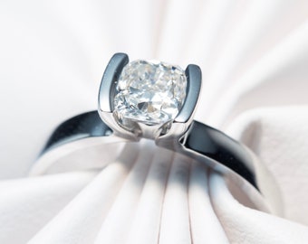 Solitaire Engagement Ring, Minimalist Diamond Ring, Simple Diamond Ring, Half Bezel Cushion Cut Engagement Ring