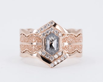 Hexagon Salt Pepper Diamond Ring Set: Rose Cut 14K Gold Engagement Wedding Anniversary Ring