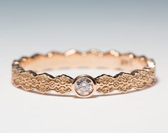 Rose Gold Lace Diamond Engagement Ring, Solitaire Diamond Ring, Dainty Engagement Ring, Lace Engagement Ring, Textured Engagement Ring