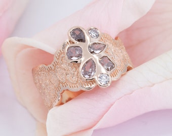 Diamond Cluster Ring, Rose Gold Statement Ring, Lace Statement Ring, Champagne Diamond Ring, Diamond Statement, Mother's Day Gift,Gift Ideas