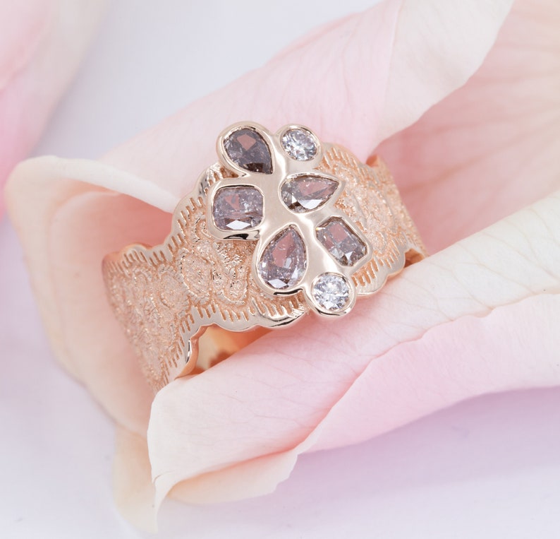 Diamond Cluster Ring, Rose Gold Statement Ring, Lace Statement Ring, Champagne Diamond Ring, Diamond Statement, Mother's Day Gift,Gift Ideas image 1