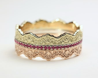 Stacking Rings Set, Stacking Lace Wedding Band, Pink Sapphire Lace Band, Stackable Gold Rings, Pink Stacking Rings