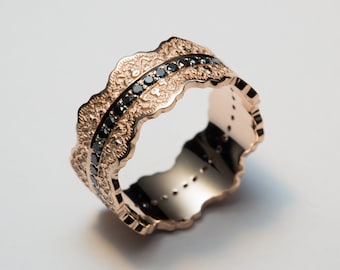 Black Diamond Lace Ring, Rose Gold Black Diamond Ring, Black Diamond Eternity Ring, Womens Black Diamond Ring, Vintage Inspired Ring, Lace