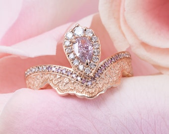 0.26 Carat Pink Diamond Engagement Ring, Pink Diamond Pear Engagement Ring, Rose Gold Lace Ring, Rose Gold Lace Ring with Pink Diamonds
