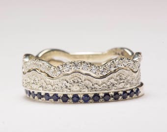 Curved Wedding Band, Curved Lace Ring, Wavy Diamond Ring, Blue Sapphire Lace Ring Set