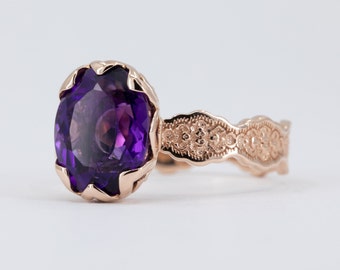 3ct Amethyst Ring with Rubies, Rose Gold Amethyst Ring, Amethyst Gold Lace Ring, Amethyst Statement Ring, Mother's Day Gift, Gift Ideas