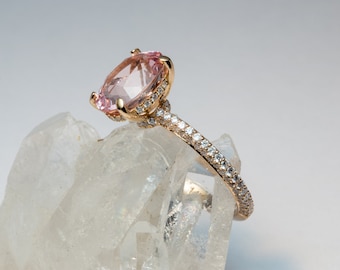 Oval Morganite Engagement Ring: 14K Rose Gold, Diamond Halo