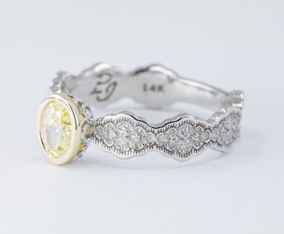 0.54ct Fancy Yellow Diamond Ring: 14K Gold Lace Engagement Ring, Size 6.75